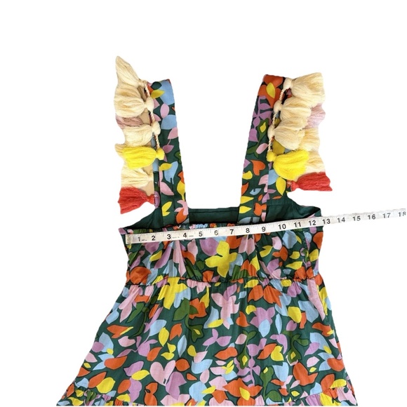 J.Crew Size XS Tassel Dress Confetti Green Floral Organic Cotton Tiered Midi - Picture 4 of 16